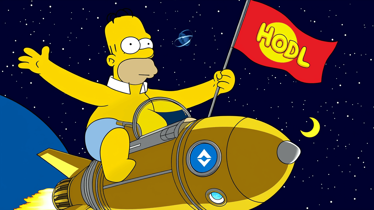 Simpsons character riding BNB Binance rocket to the moon