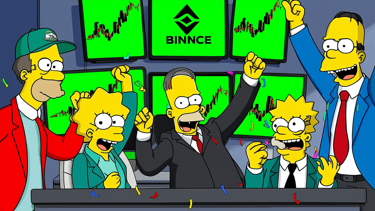 Simpsons characters at crypto trading desk with green charts