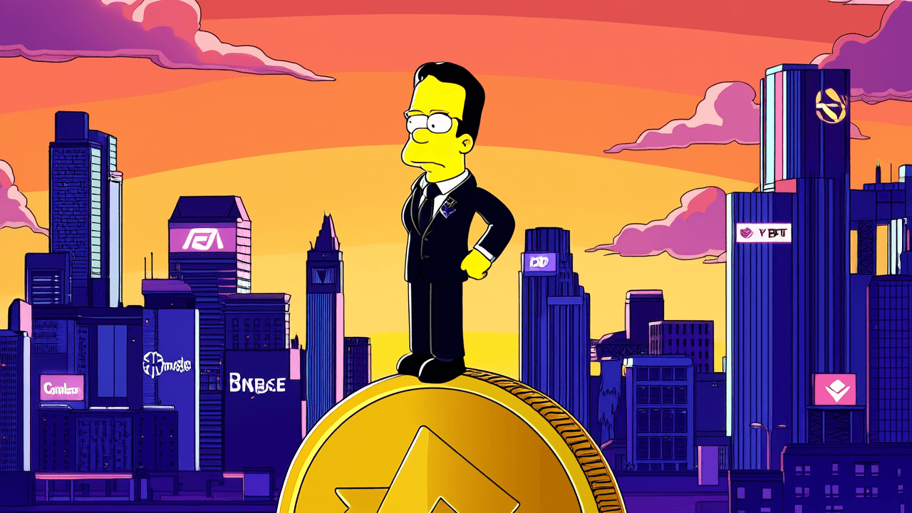 CZ Simpsons style standing on giant Binance coin with city skyline