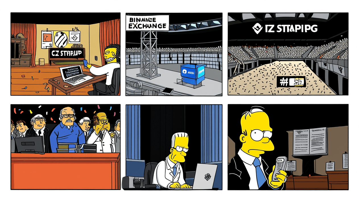 Sample Simpsons-style 6-panel CZ crypto journey comic strip