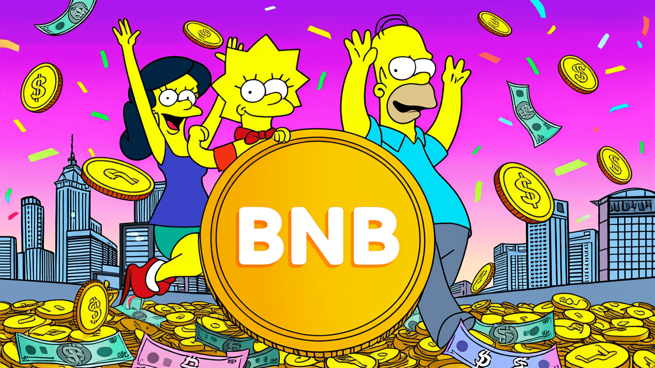 Simpsons characters celebrating with Binance BNB coin